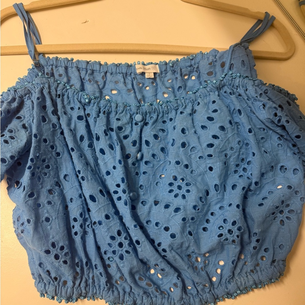 Poupette Saint Barth Blue Eyelet Off-Shoulder Top